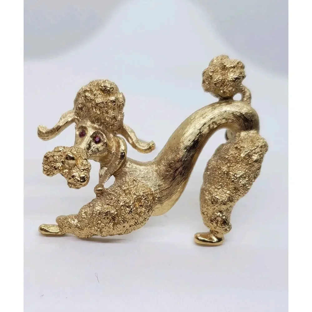Vintage Poodle Doodle Dog Brooch Monet Gold with Red Rhinestone Eyes Playful Pin - Picture 1 of 7